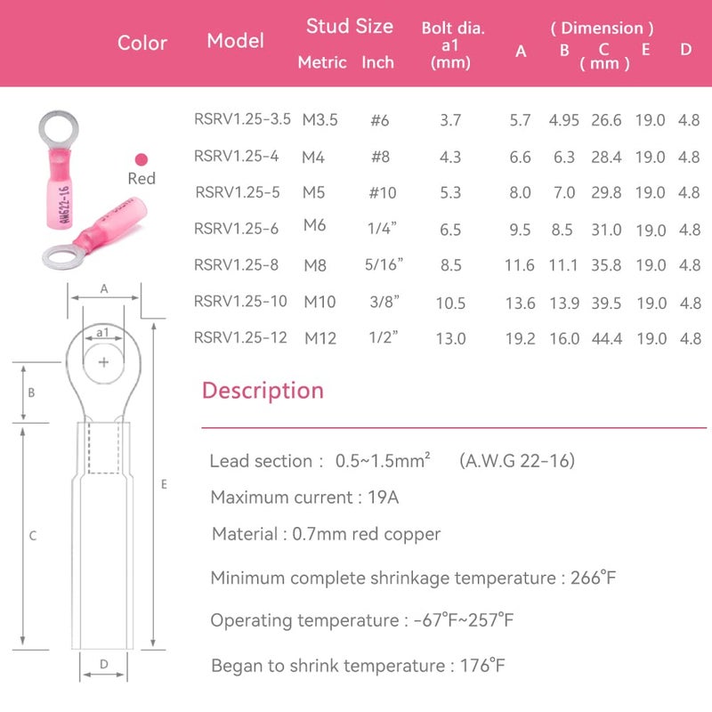 HK-S 50 قطعة من أطراف الحلقات #8 حمراء 22-16 AWG - M4 - موصلات كهربائية - مجموعة موصلات الأسلاك القابلة للتقلص بالحرارة - نحاس أحمر مطلي - موصلات حلقية بحرية أوتوماتيكية - مقاومة للماء ومعزولة - Image 2